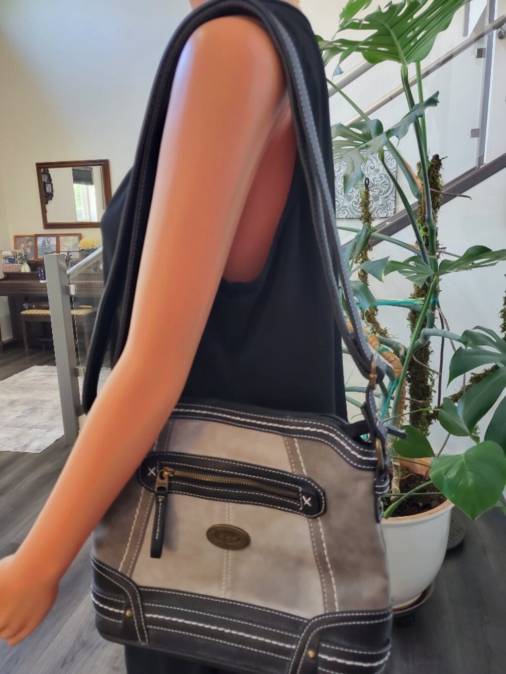B.O.C Born Concept Gray Black Shoulder Crossbody Bag Faux Leather Suede